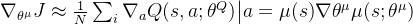 \nabla_{\theta^\mu} J \approx \frac{1}{N} \sum_{i} \nabla_a Q(s, a; \theta^Q) \big|{a=\mu(s)} \nabla{\theta^\mu} \mu(s; \theta^\mu)